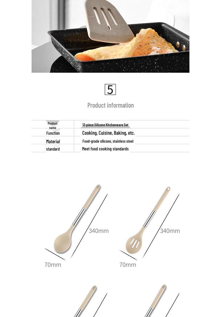 13-Piece Stainless Steel Handle Silicone Kitchen Tools Set - Non-stick Frying Pan, Spatula, Spoon, and More