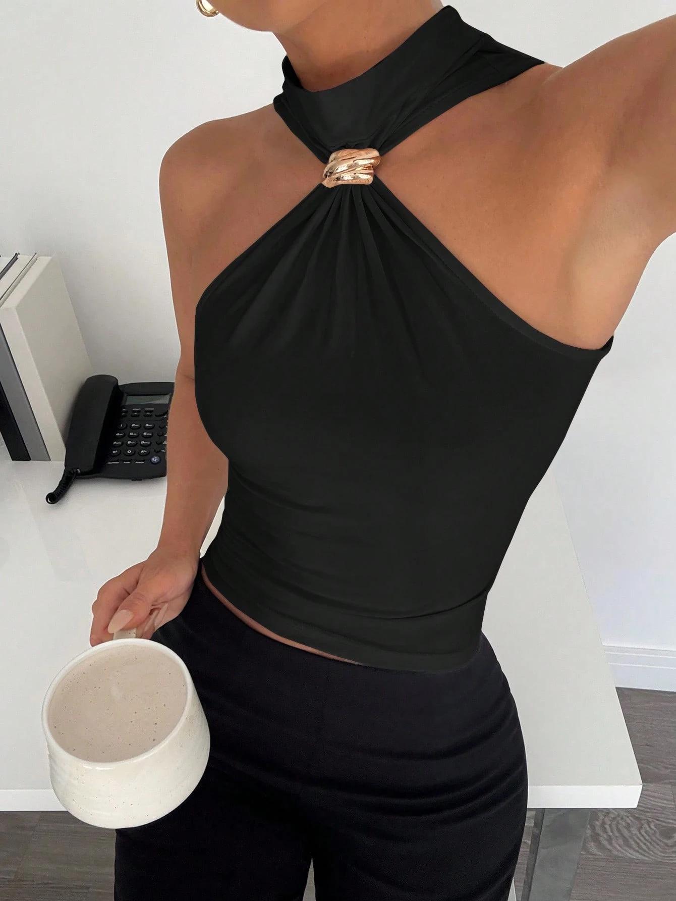 

2025 Весна/Лето Женский Топ с высоким воротом, металлическим кольцом, без рукавов, с открытыми плечами, эластичный жилет M чёрный