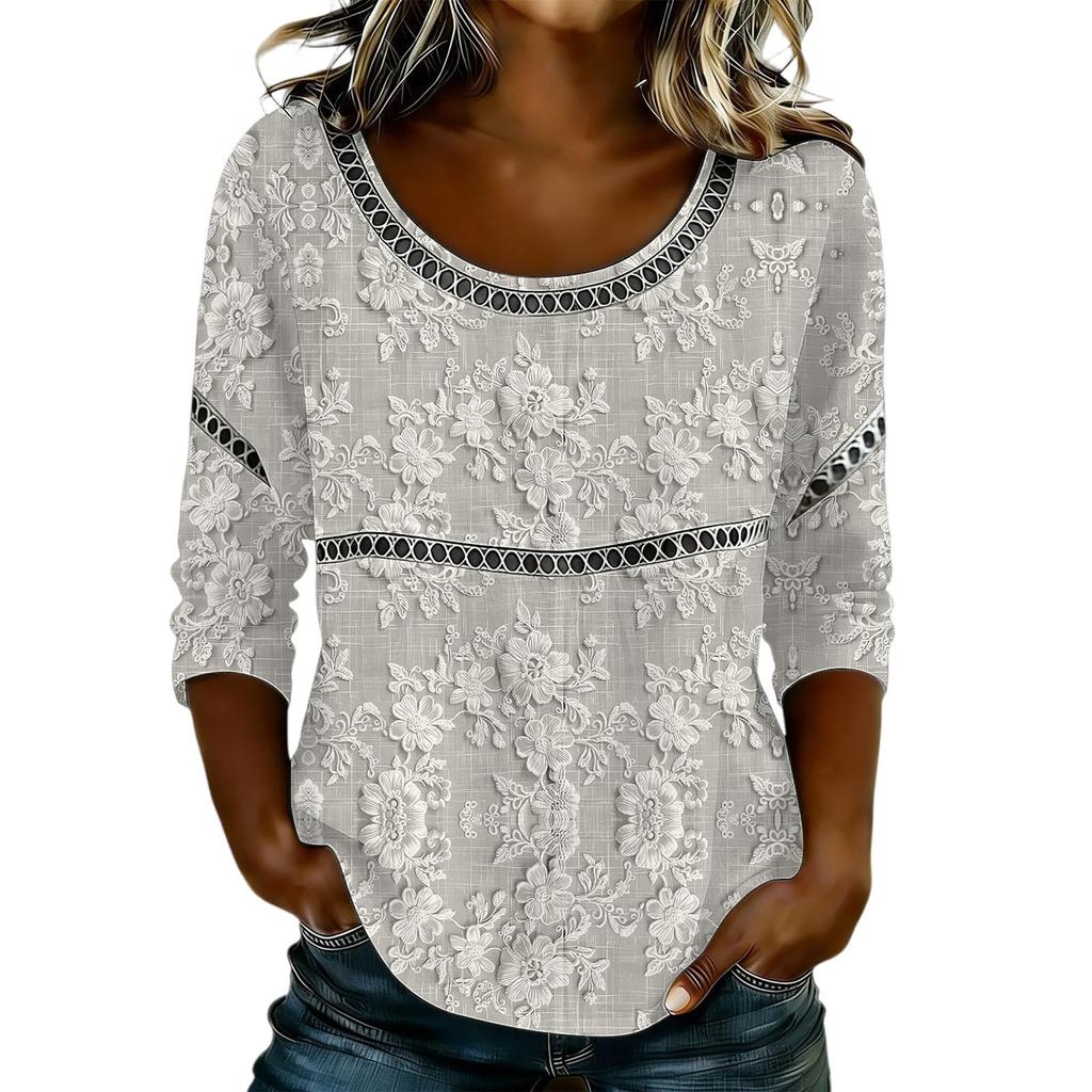 Women's Fashionable Casual Floral Print Seven Quarter Sleeved Round Neck T-Shirt Top