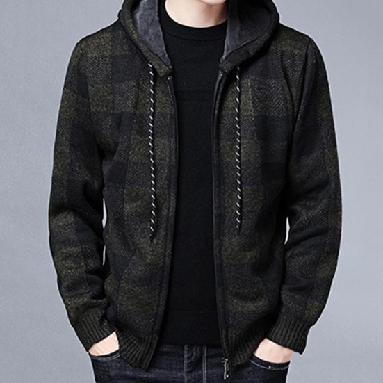 Men Jacket Plaid Pattern Breathable Polyester Sweater Hoodie for Winter