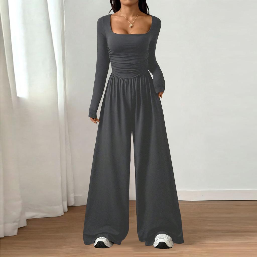 Women's Fashion Casual Long Sleeve Square Neck Wide Leg Jumpsuit Slim Fit Color