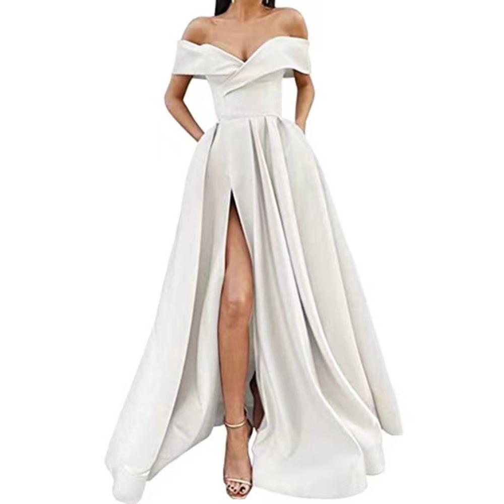 Abito Maxi Donna Scollato A Spalla Senza Maniche Linea Ad A Vita Alta Elegante Raso Spacco Abito da Sera