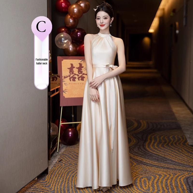 Champagne Satin Bridesmaid Dress - 2025 Autumn/Winter Collection, Versatile High-End Evening Gown for Women