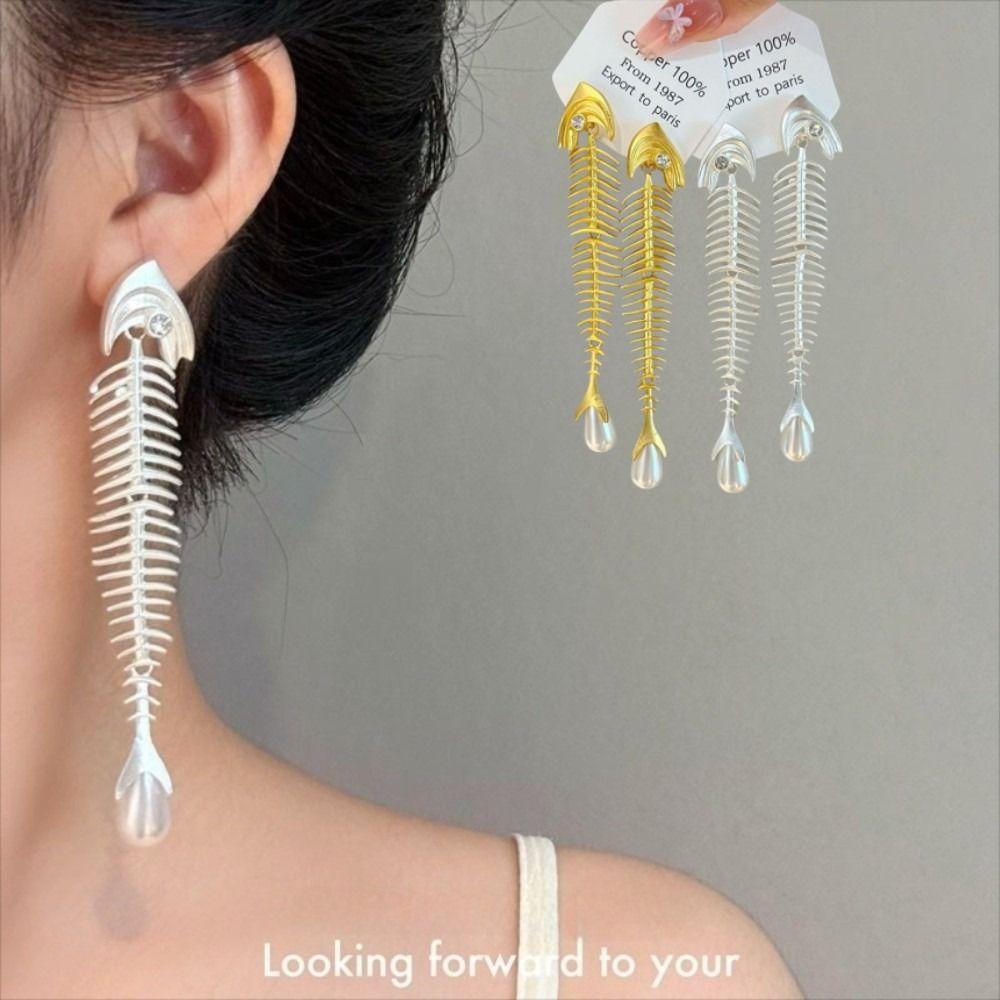 Punk Gothic Fischgräten-Perlenohrringe Fischgrätenförmige Hängeohrringe Übertriebener Ohrhänger Frauen