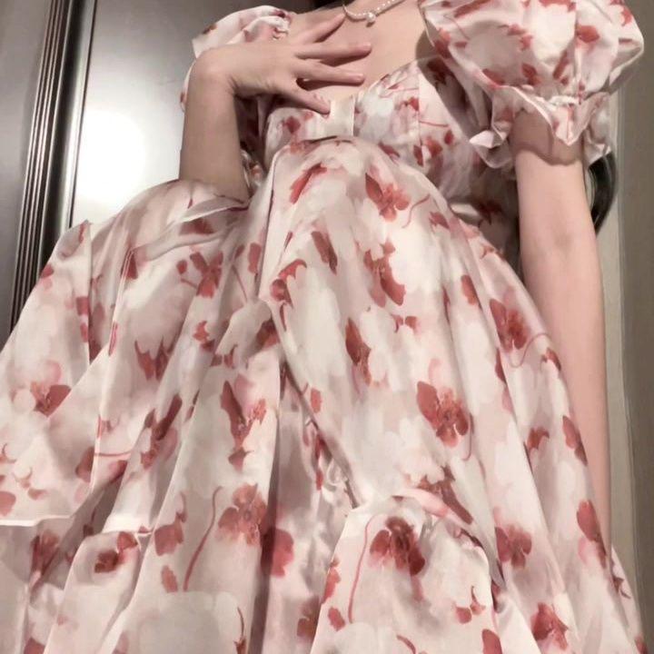 Women s Off-Shoulder Pink Floral French Tea Dress - Waist-Cinched, Slimming Princess Gown Small розовый/цветочный