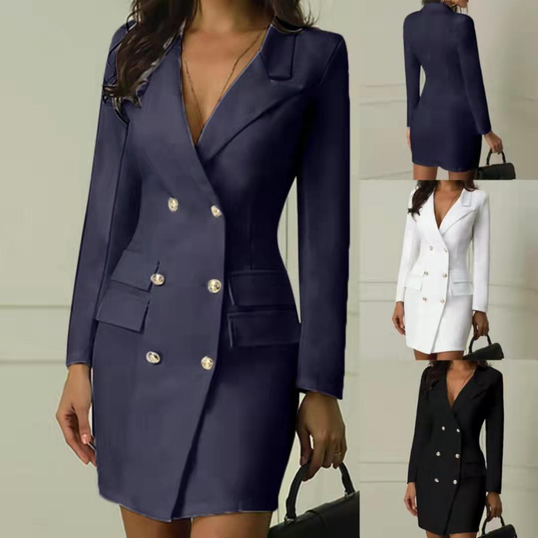 

European & American Double-Breasted Trench Coat Solid Color Thin Jacket Dress for Women 5XL темно-синий