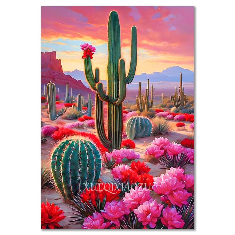 Cactus Sailboat Sunset 5D DIY Diamond Painting Kit Landscape Full Diamond Mosaic Cross Stitch Kit Room Decoration Gift