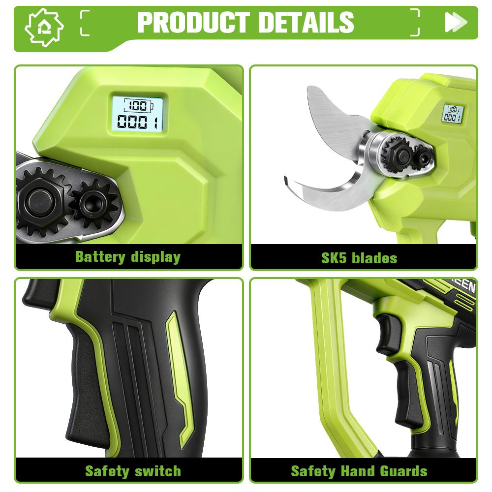 ONEGREEN Brushless 30MM Electric Pruner Shear 2 Gears Cordless Tree Bonsai Pruning Scissors Tools For Makita 21V Battery Pin