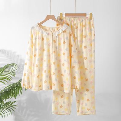 2026 New Spring/Summer Women's Pajama Set Pure Cotton Crepe Sweet and Cute Long Sleeve Long Pants Two Piece Home Clothes