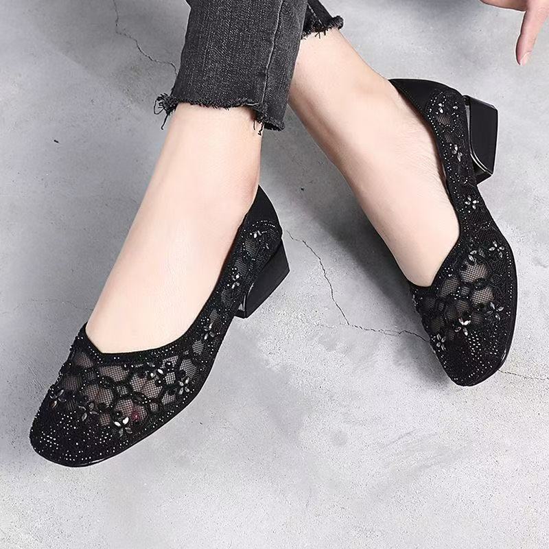 Summer Shoes Women Low Heels Breathable Mesh Shoes Square toe Elegant Office Lady Shoes Black Beige Grey Plus Size 42