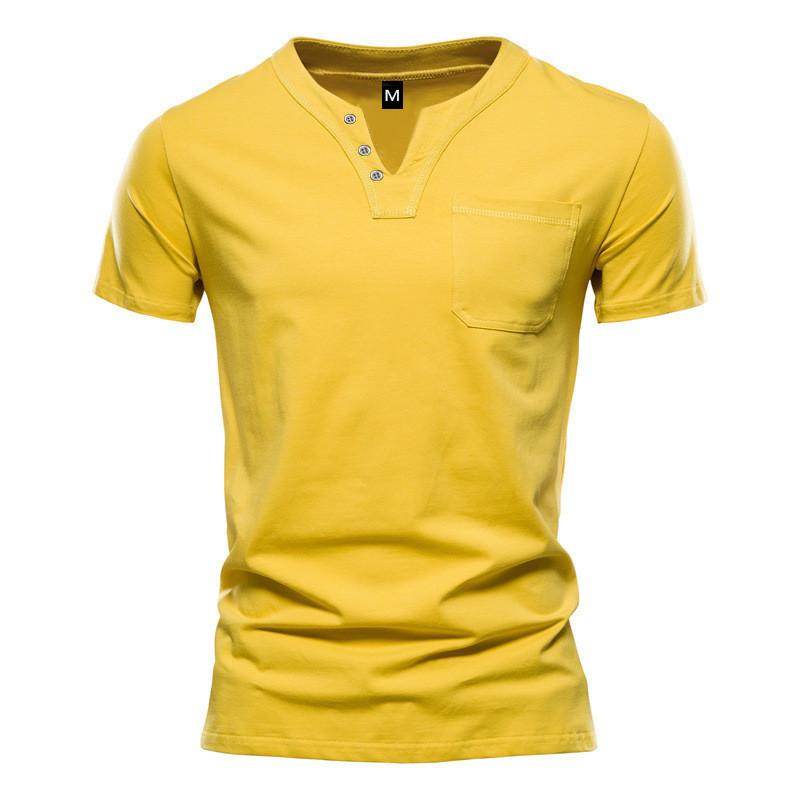 Men's V-neck Short-sleeved T-shirt Youth Casual Slim Sports Henley Solid Color Top