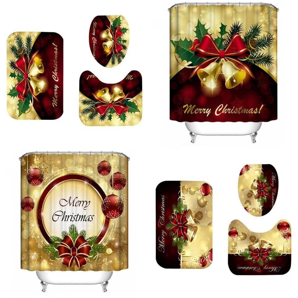 Festive Christmas Bathroom Set With Waterproof Shower Curtain And Non-slip Mats