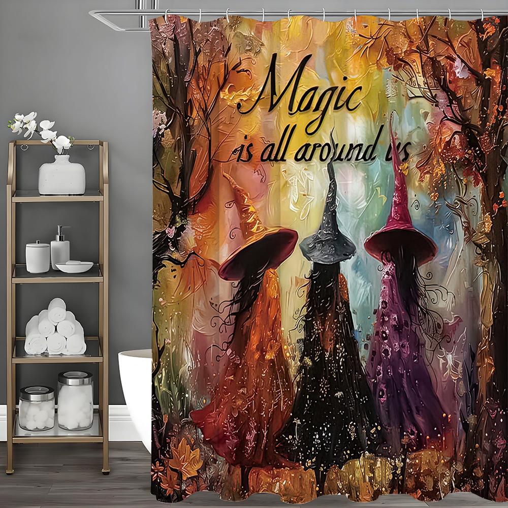 Drei Hexen Duschvorhang in Halloween Vintage Wald, Dekorativer Duschvorhang für das Badezimmer, Wasserdichter Duschvorhang mit Hoo