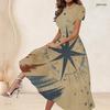 Women Plus Size Beige Round Neck Short Sleeve Printed Gathered Waist A Line Long Dress