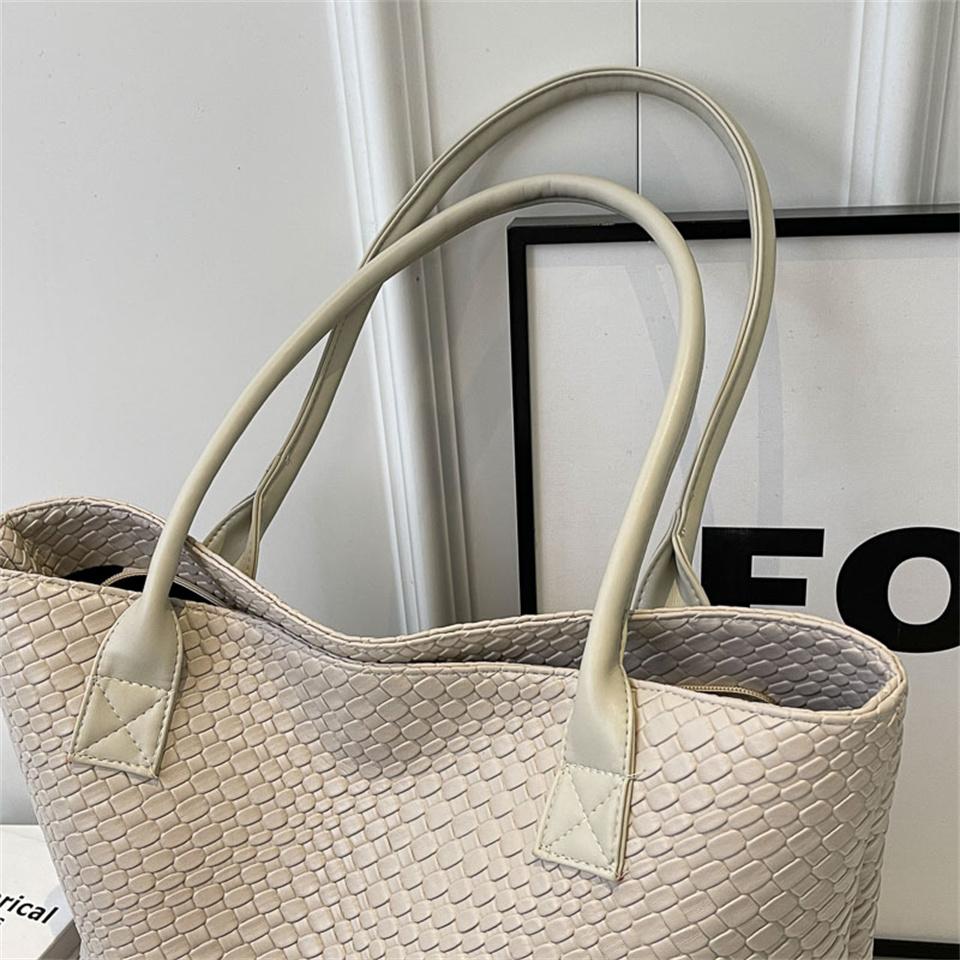 Women's Woven Pattern Tote Bag Elegant PU Leather Handbag Vintage Large Capacity Fashion Trending Japon Style Shoulder Bags