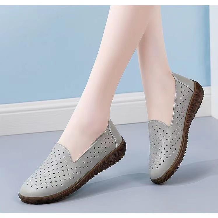 Real soft leather hollow women's shoes beef tendon sole single shoes women's breathable lazy hole shoes pregnant women pedal shoes