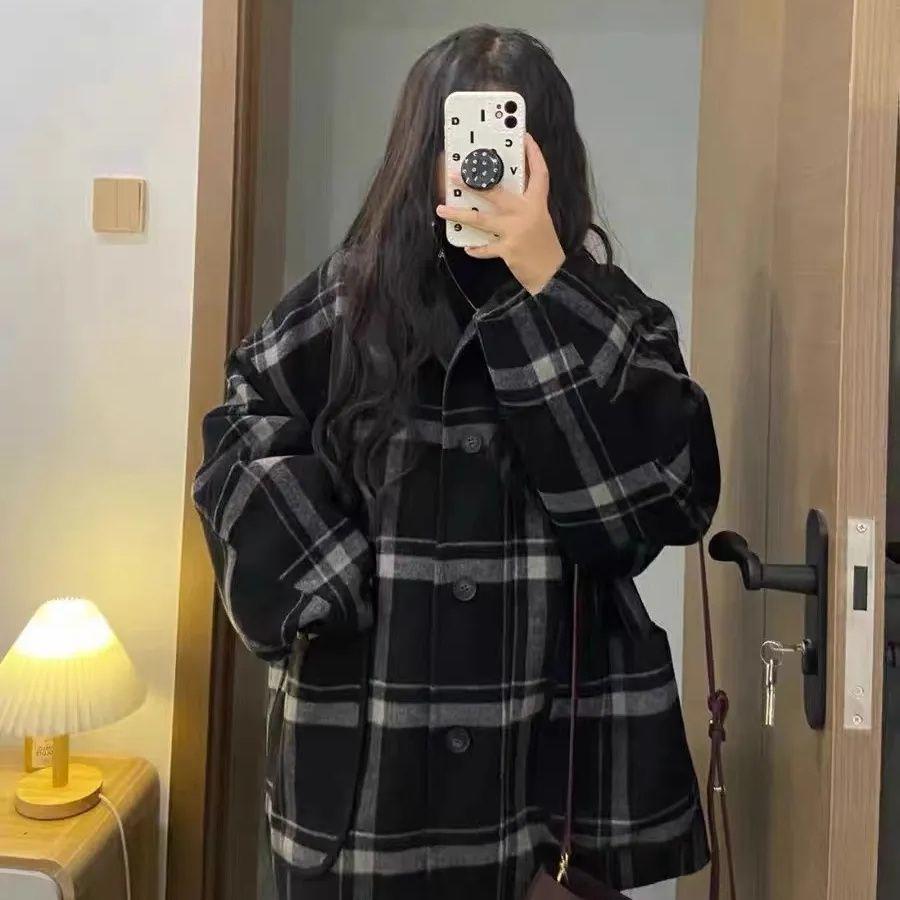 

Женское шерстяное пальто в клетку большого размера - Осенне-зимний ретро-стиль, свободный крой для 2-300 фунтов L 80-120 lbs