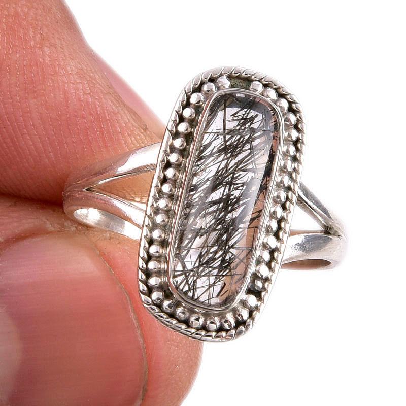 

Natural Black Rutile Gemstone 925 Solid Sterling Silver Jewelry Ring S.7.5 L1C58