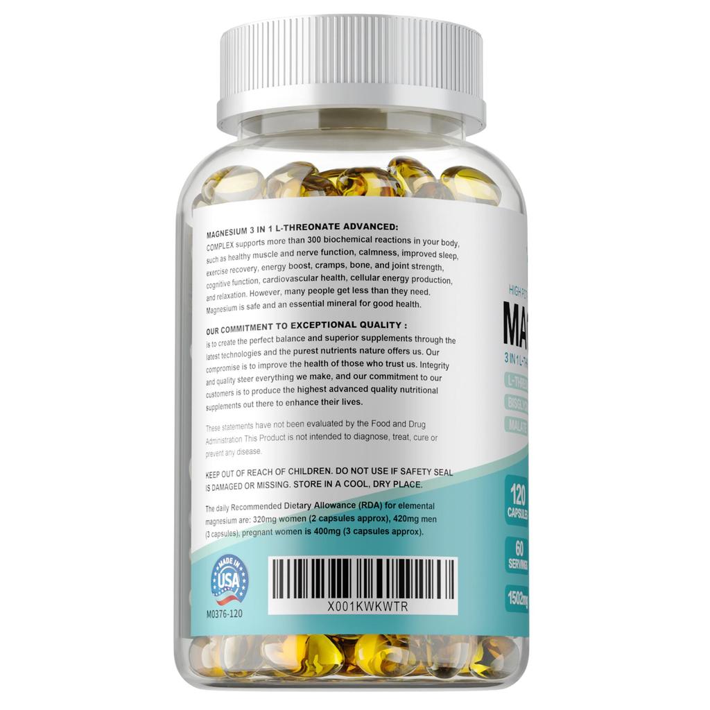 Magnésium - L-Thréonate, Bisglycinate, Malate - Santé Cérébrale, Mémoire & Concentration