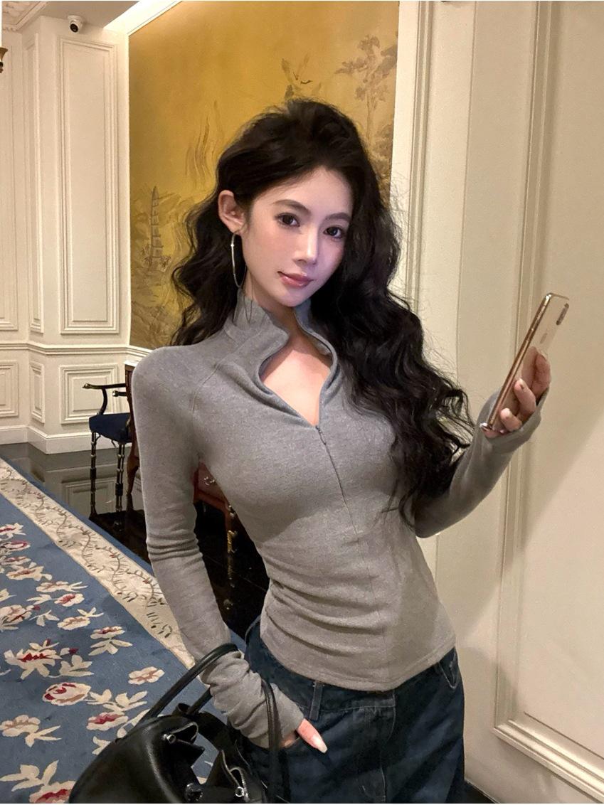 Women s Autumn Winter Zippered Mock Neck Slimming Warm Base Layer Shirt One Size