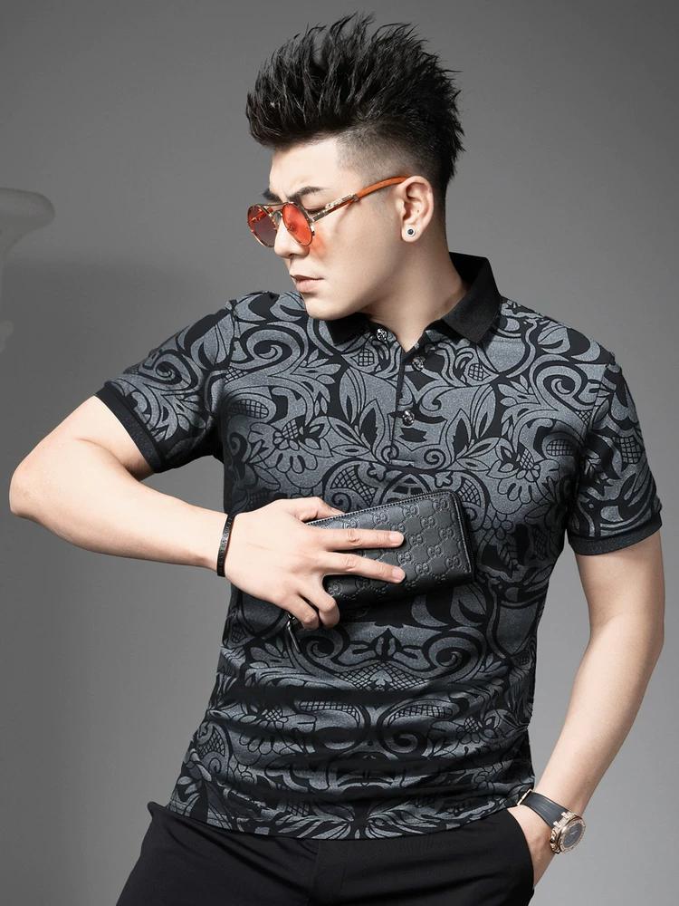 

European Style 2025 New Trendy Brand Printed Short-Sleeve Polo Shirt for Men, Summer Slim Fit Turn-Down Collar T-Shirt Casual Top for Men 2XL зелёный