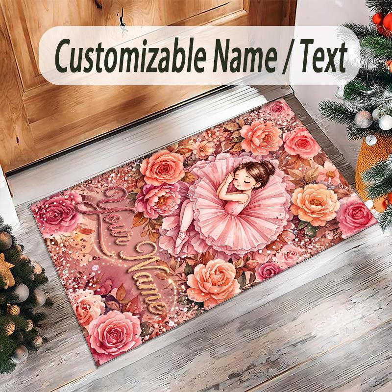 Floral Theme Crystal Velvet Rug Personalized Custom Name Text Soft Floor Mat Home Decor