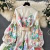 Elegant Linen Floral Holiday Robe Dress Women Spring Summer Stand Long Lantern Sleeve Sashes Vestidos Floral Print Clothes