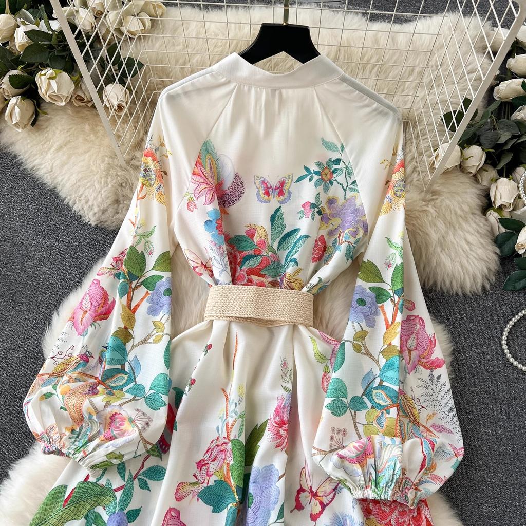 Elegant Linen Floral Holiday Robe Dress Women Spring Summer Stand Long Lantern Sleeve Sashes Vestidos Floral Print Clothes