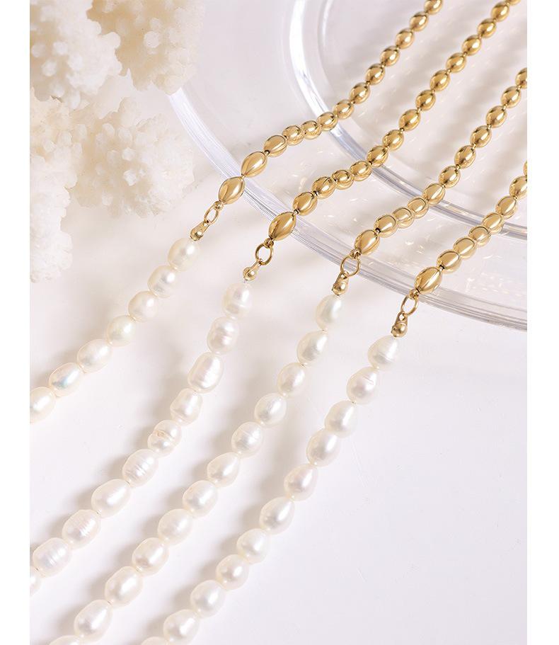 French-Style Retro Necklace: Oval Bead & Choker Spliced, 18k Gold Titanium Steel with Freshwater Pearls for Women