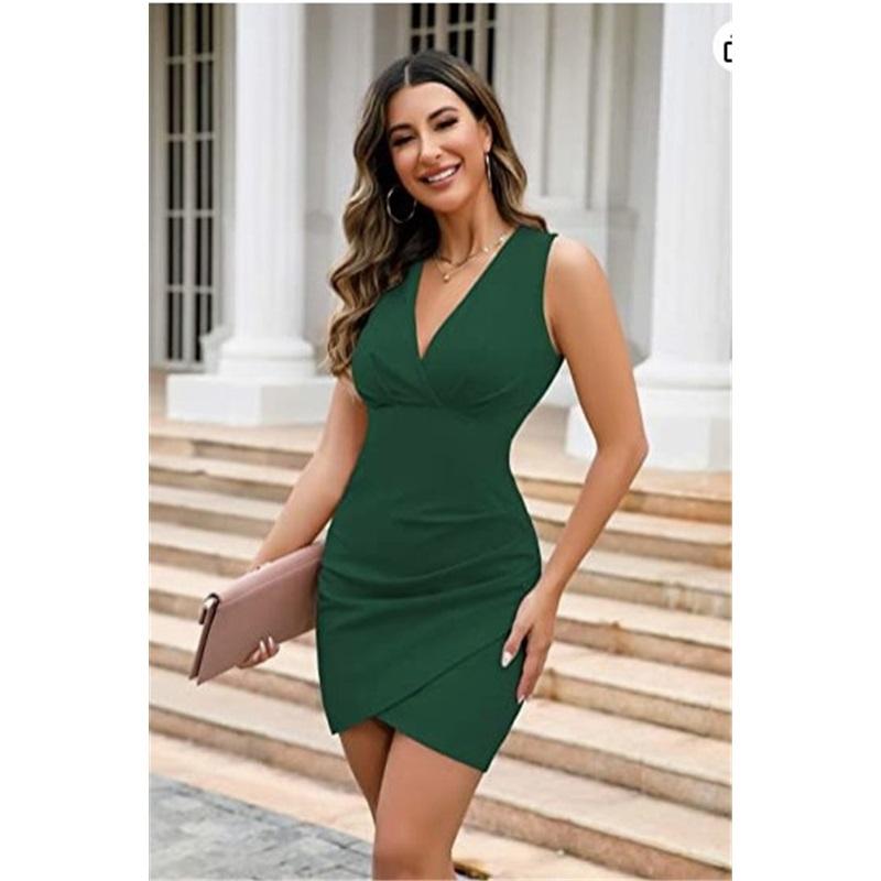 Ladies Summer Dress Deep V-neck Sleeveless Wrap Pleated Tight-fitting Sexy Elegant Casual Party Cocktail Dress