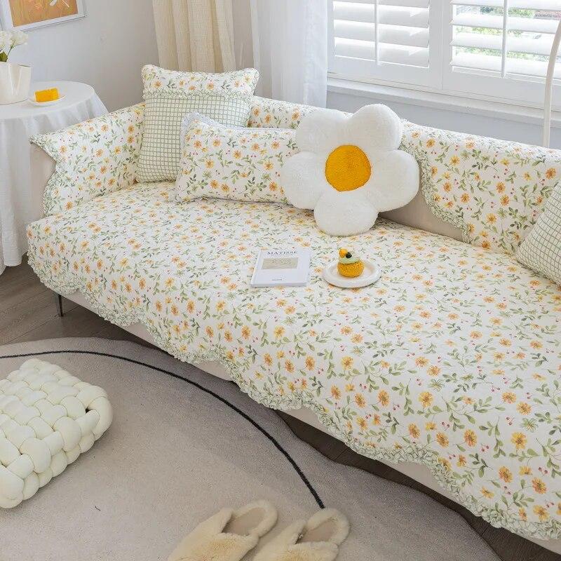 Cotton Printed L-shaped Sofa Cushion Wave Edge Anti Slip Settee Towel Universal All Year Round Lace Edge Sofa Cover  Pillowcase