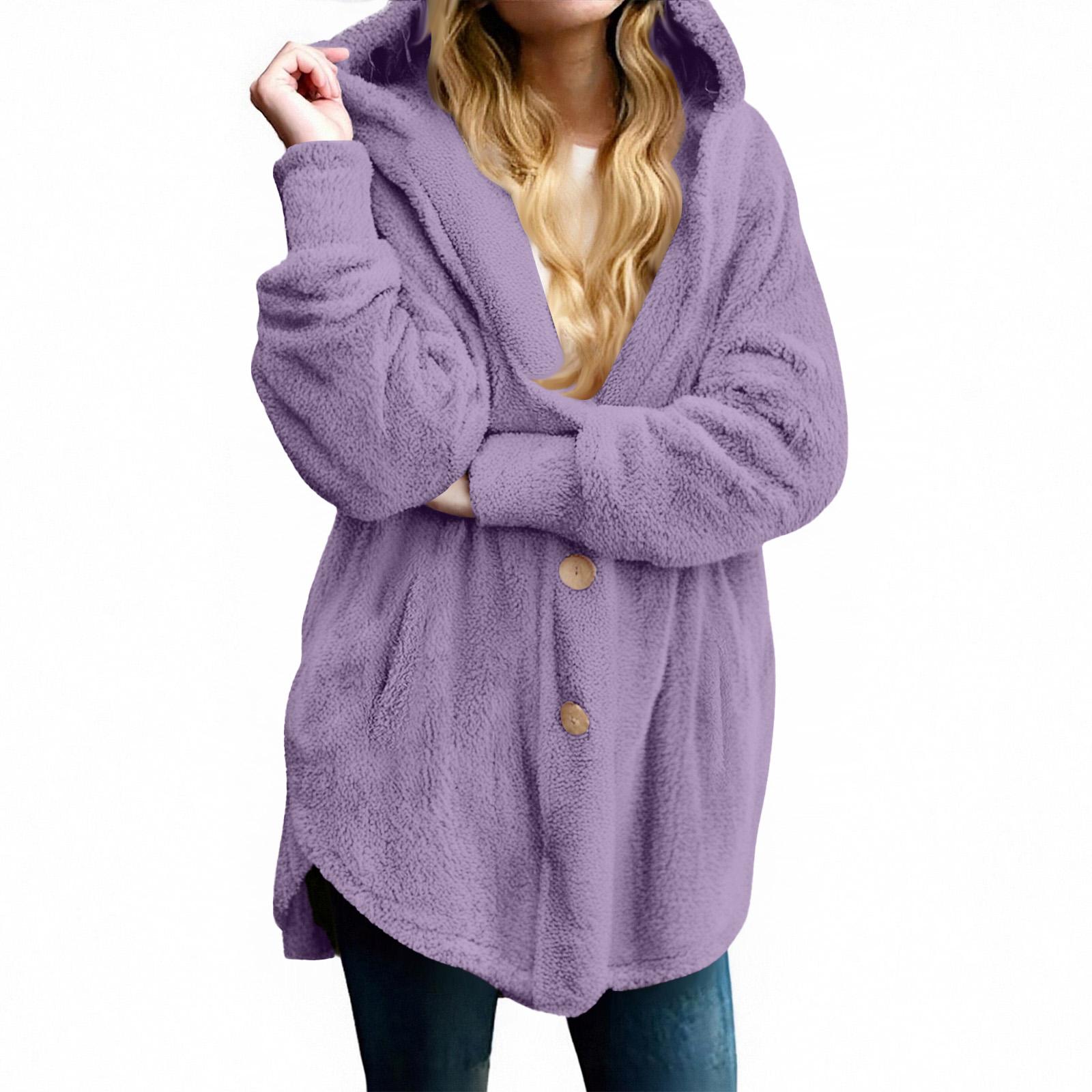 

Women s Fashion Solid Color Pocket Button Hooded Plush Coat M