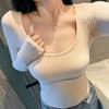 2025 Autumn/Winter Women's Sexy Slim-Fit Long-Sleeve T-Shirt with Built-in Bra and U-Neck