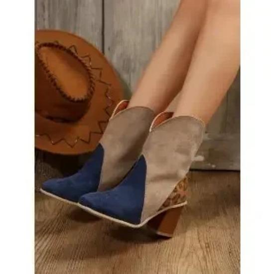 Retro Women Mid Calf Boots Handmade Round Toe Splicing Square Heel Autumn Winter Women's Boots Cowboy New Western Fashion Botas