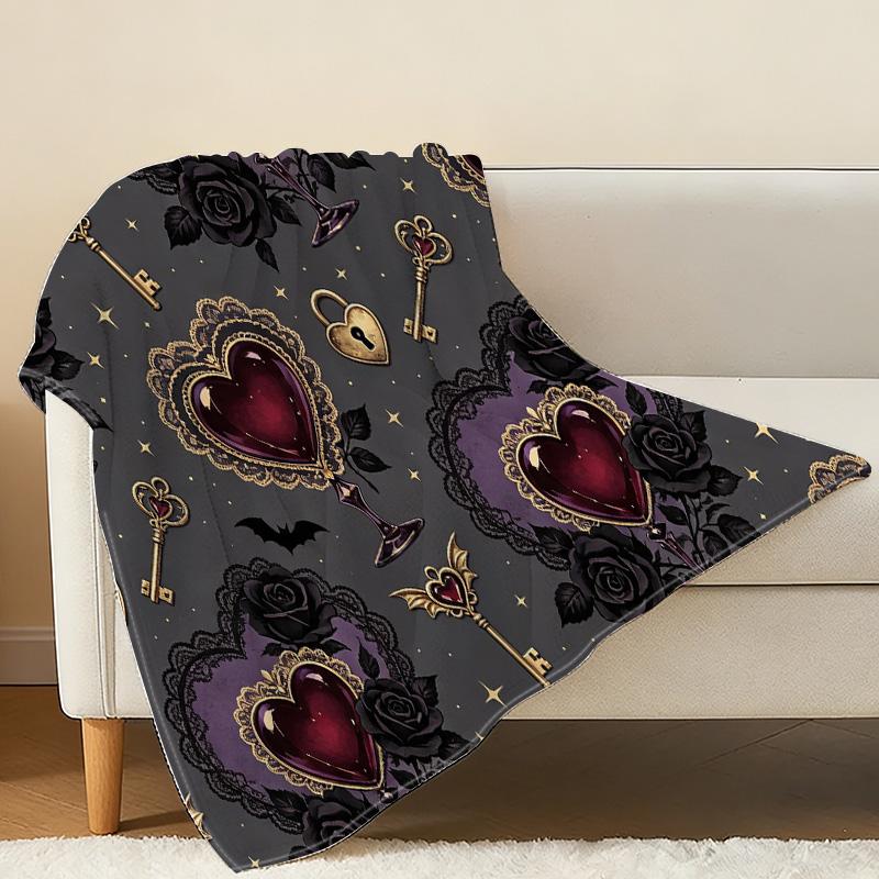 Soft Warm Flannel Blanket Dark Magic Lock & Heart Pattern, Skin-friendly Breathable Throw for Home, Couch, Travel, Dorm, Valentine’s Day Gift