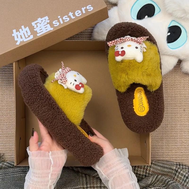 Fleece Warm Fluffy Slippers One-word Drag Internet Celebrity Fashion Cartoon Hello Kitty Cotton Slippers Women's 2025 Autumn and Winter New