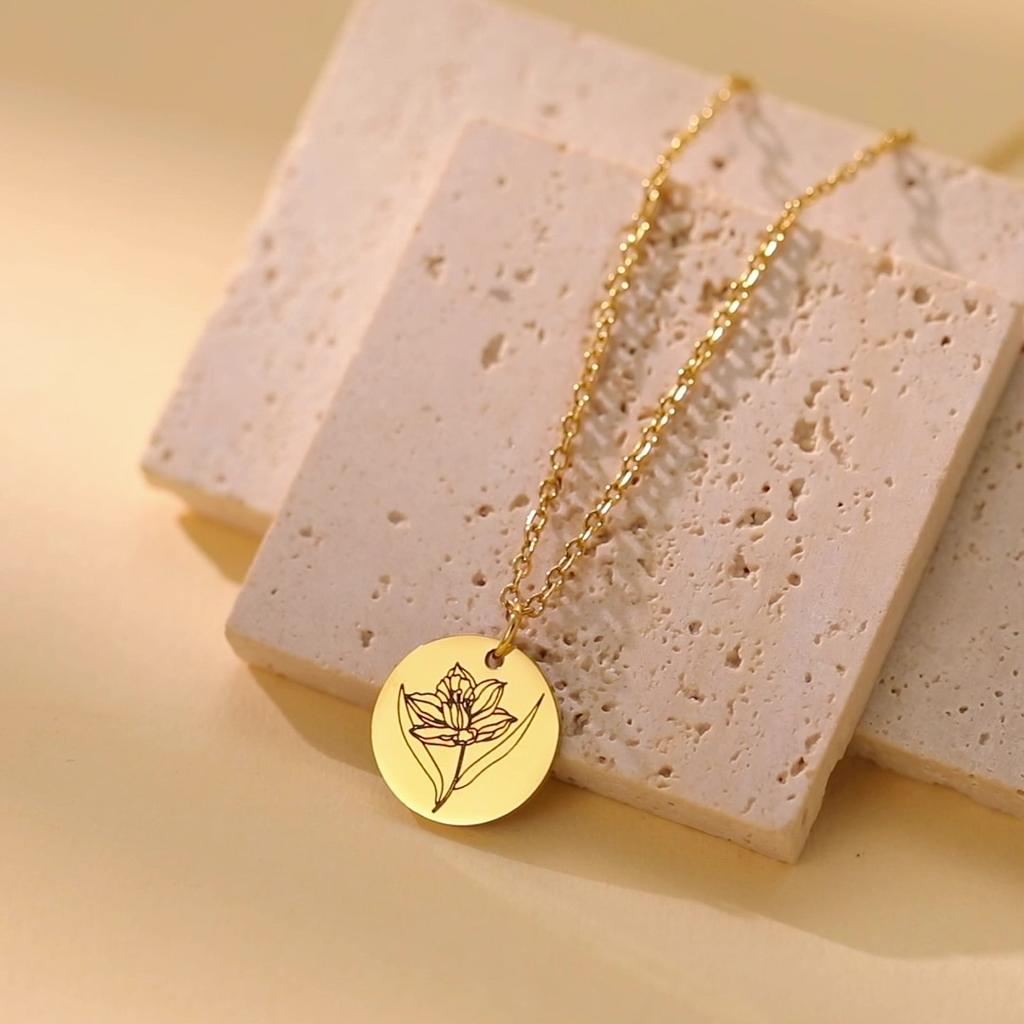 Birth Flower Pendant Necklace Women Stainless Steel Flora Gladiolus Poppy Peony Rose Daisy Necklace Personalized Jewelry