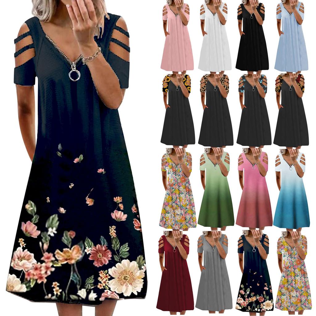 Women's Casual Fashion Solid Color Hollow Short Sleeve Zipper V-Neck Dress