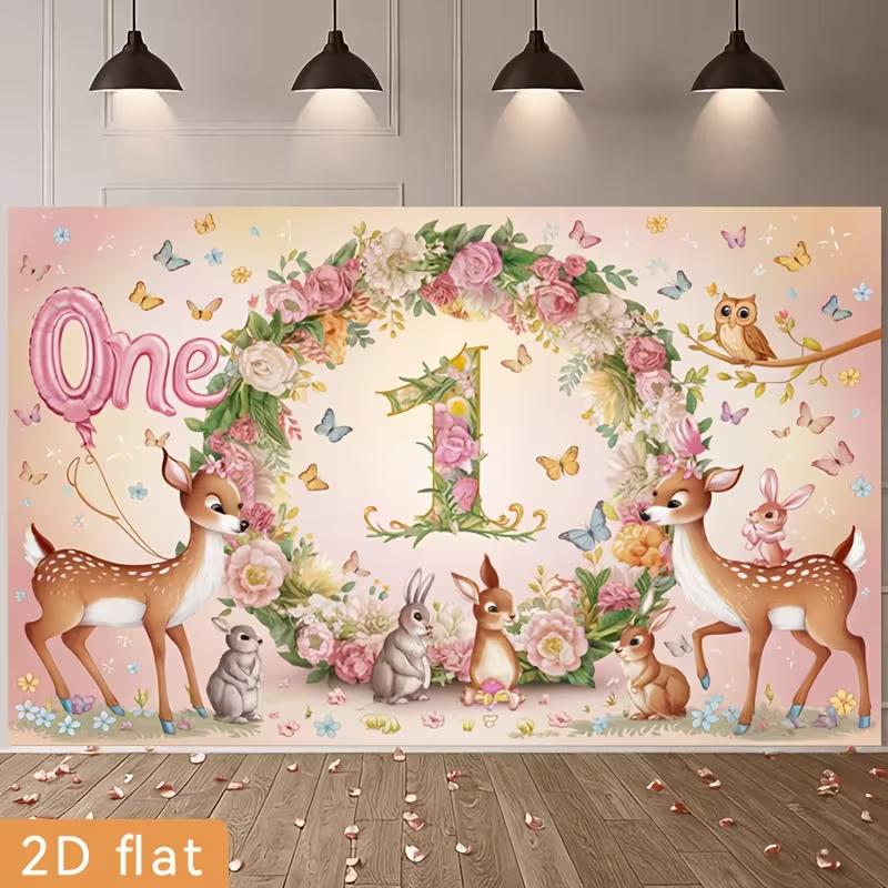 

2D One Birthday Celebration Background, Deer & Bunny Decor 47.2x31.5inch/120*80cm
