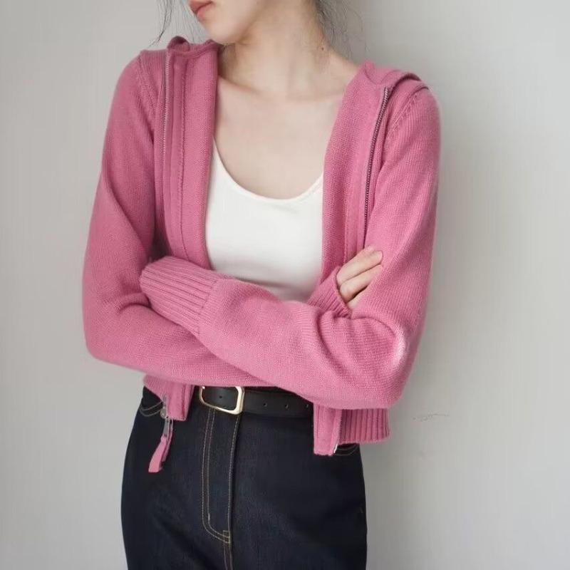 Jarní svetr svetr Dámské Design Sense 2023 Dlouhý rukáv S kapucí Pevný Dvojitý zip Pletený svetr Cardigan Dámský Top