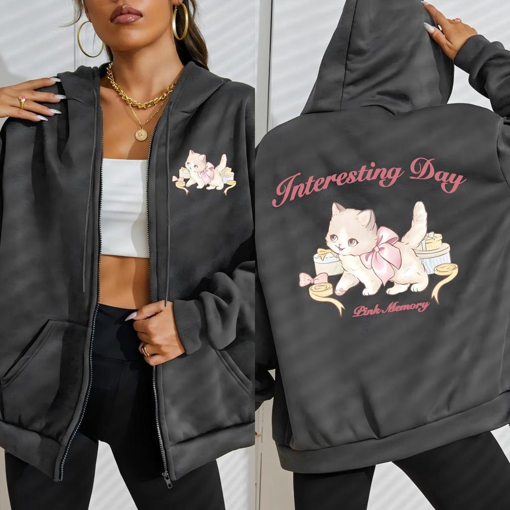 Elegant Little Cat Interesting Day Print Zipper Hoodies Woman Fashion Comfortable Hoodie Fleece Clothes Street Top