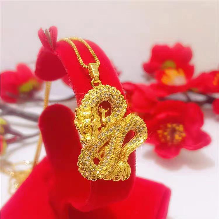 Vietnam Gold Emblem Diamond-Studded Dragon Pendant Necklace for Men - Brass Gold-Plated Imitation Tycoon Jewelry