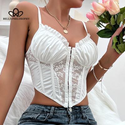 Summer New Simple French Style Sexy High-grade Lace Pleated Ear-breasted Fishbone Short Sling Top