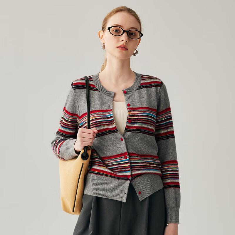 Zhaojun Women's Striped 100% Cashmere Round Neck Cardigan