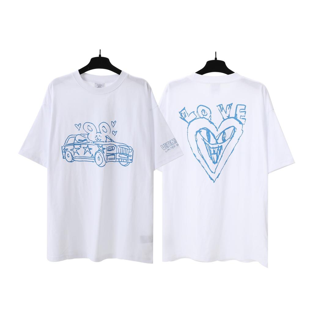 T-shirt in cotone puro a doppia filatura, lavata e invecchiata, con stampa di lettere Vetements, versione alta transfrontaliera, per uomo e donna