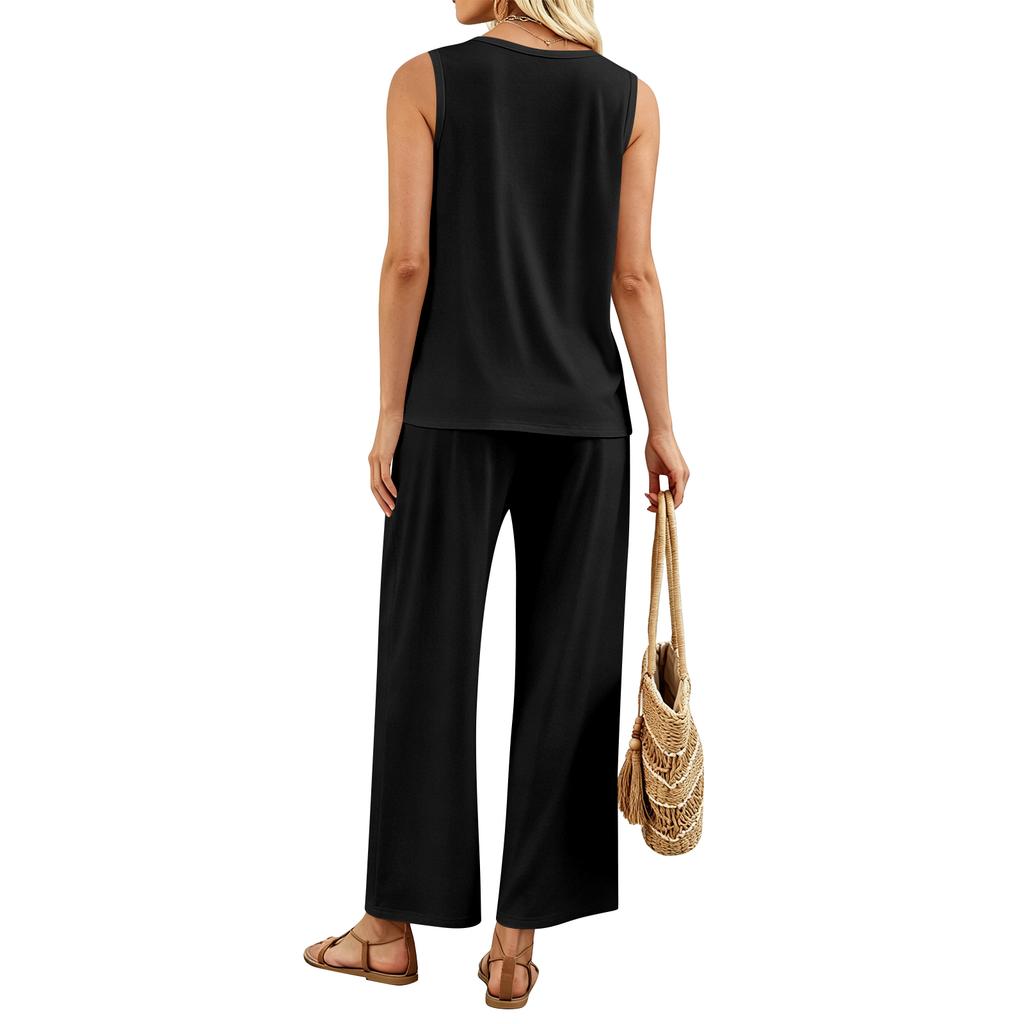 Women Sleeveless Tank Top and Wide Leg Pants Two Piece Set Casual Loose Fit Lounge Wear Suitable for Travel Vacation and Home Relaxation