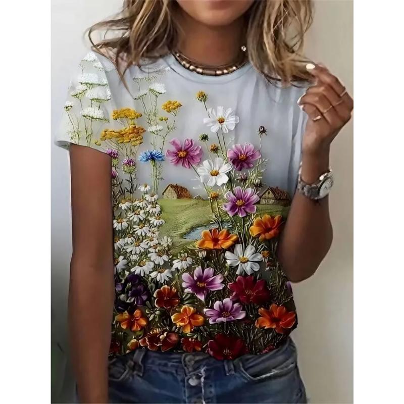 Fashion Women s Crew Neck Short Sleeve 3D Flower Color Printing Crew Neck T-Shirt XS