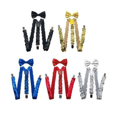 Men's Suspenders Tuxedo Necktie with Metal Clip Popular Shimmering Party Sequined Suspenders Brace for Various Occasion