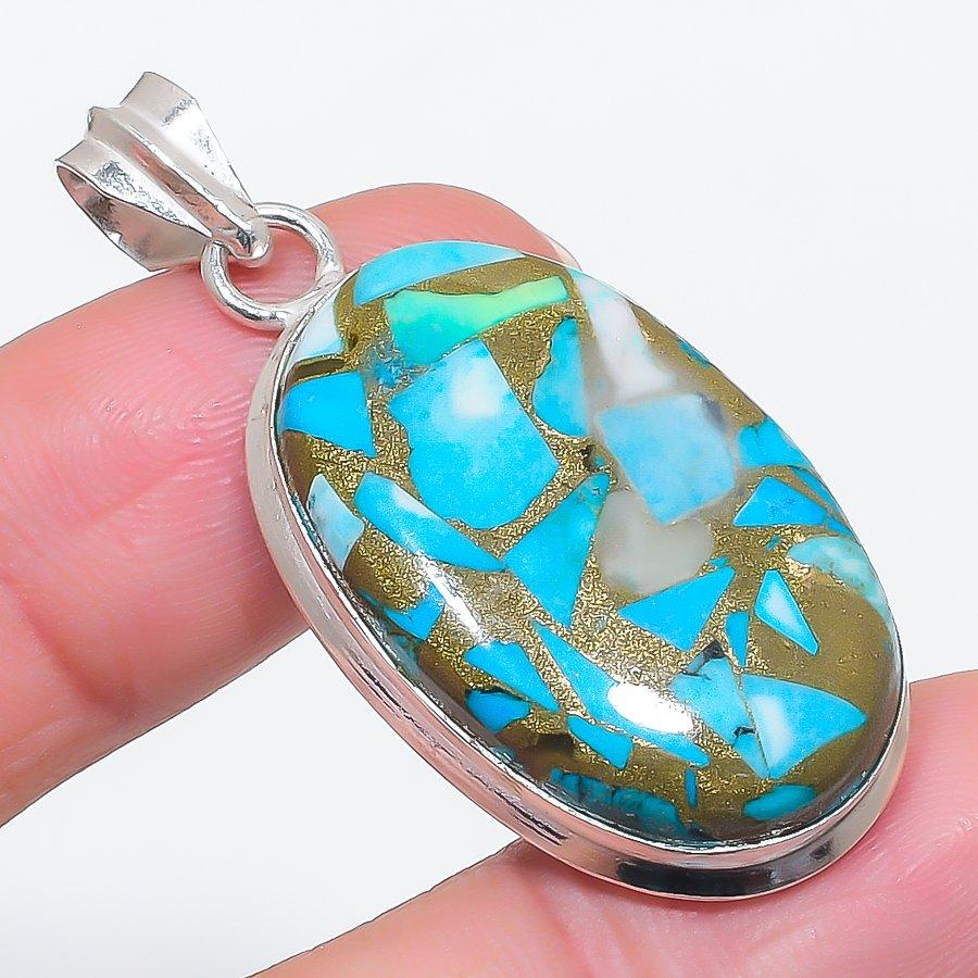 Natural Copper Blue Turquoise 925 Sterling Silver Jewelry Pendant 1.89" p8N38