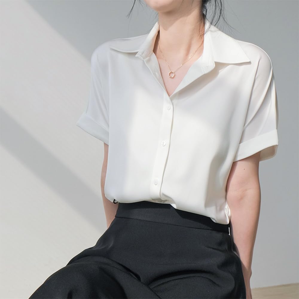 Cămașă Bluză Mânecă Scurtă Vară Cămașă cu Guler Șifon Alb Birou Casual Topuri Opac Birou Afaceri Navetă Zilnic Foarte Respirabil [Xiaoyu]